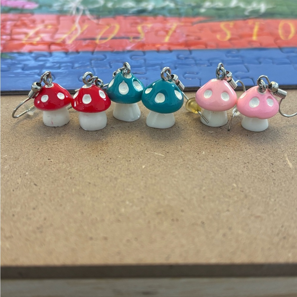 Cute Mushroom Charm Earrings Set - Red, Teal, Pink